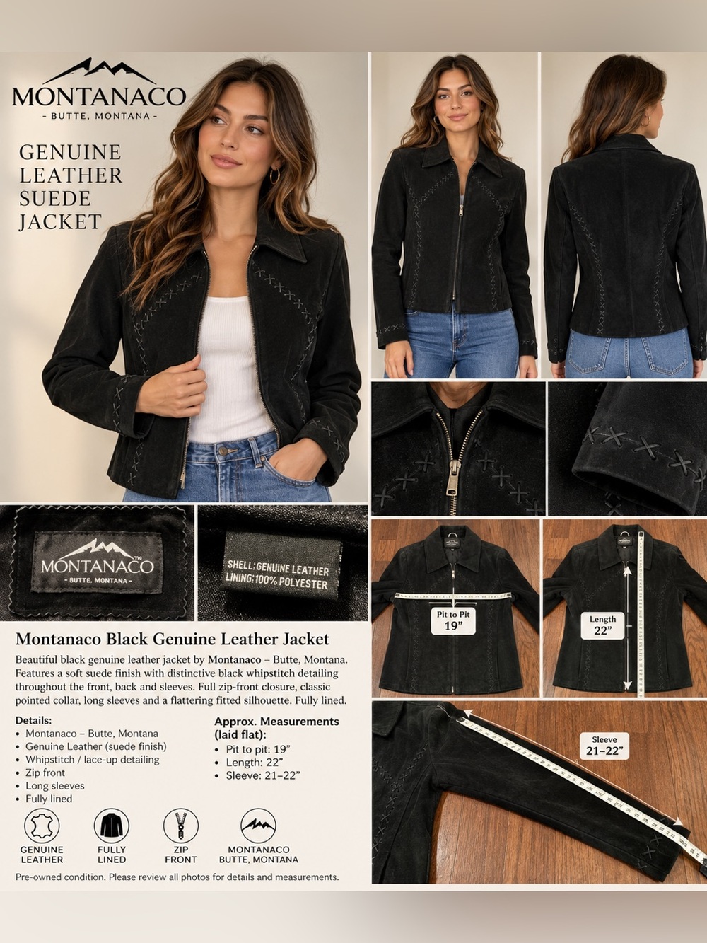 Montanaco Black Genuine Leather Suede Whipstitch Jacket